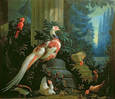 A White Pheasant, a Red Cardinal and Fowl in a Landscape by Abraham Bisschop